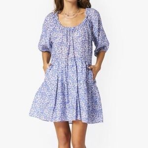 Xirena Dolly Dress Silk Blend Blue Floral Tiered Short Puff Sleeves Size XS